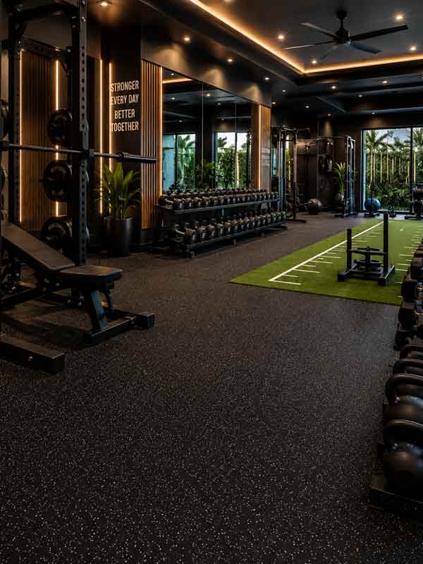 Modern-luxury-gym-with-black-rubber-flooring Luxury fitness studio featuring professional rubber gym flooring