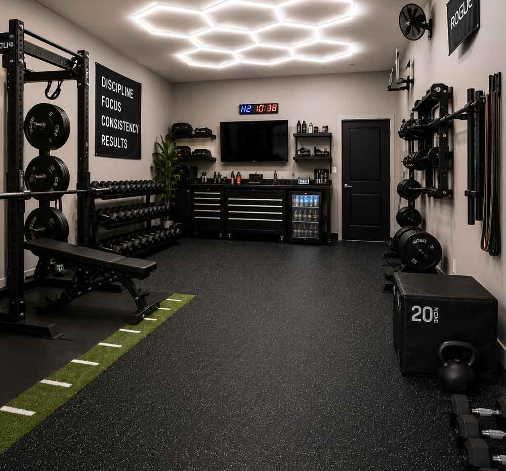 gym-flooring Home gym with black rubber gym flooring and fitness equipment