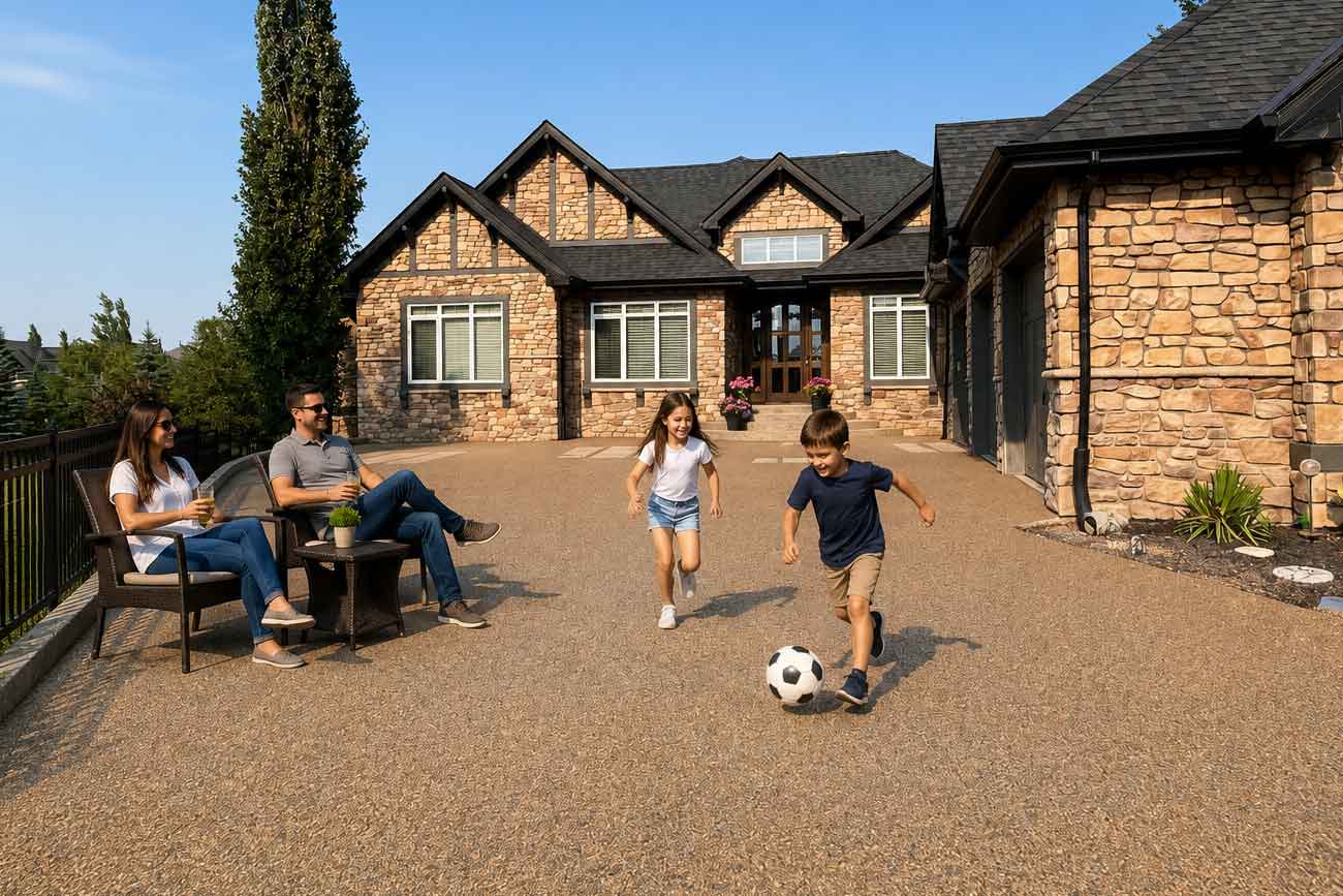 Family-enjoying-a-luxury-Vuba-Stone-resin-bound-driveway-with-seamless-natural-stone-surfacing Family enjoying a luxury Vuba Stone resin bound driveway with seamless natural stone surfacing
