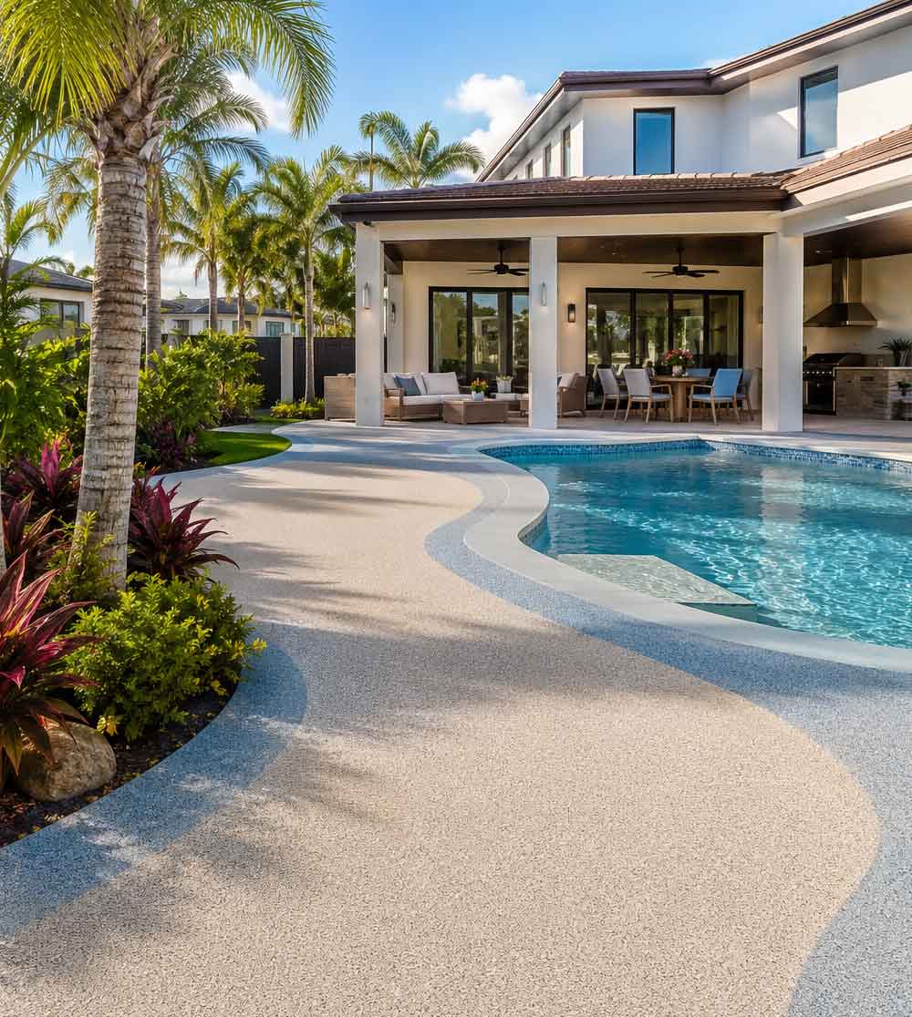 Luxury-rubber-pool-deck-at-a-contemporary-Miramar-home-with-tropical-landscaping Luxury rubber pool deck at a contemporary Miramar home with tropical landscaping