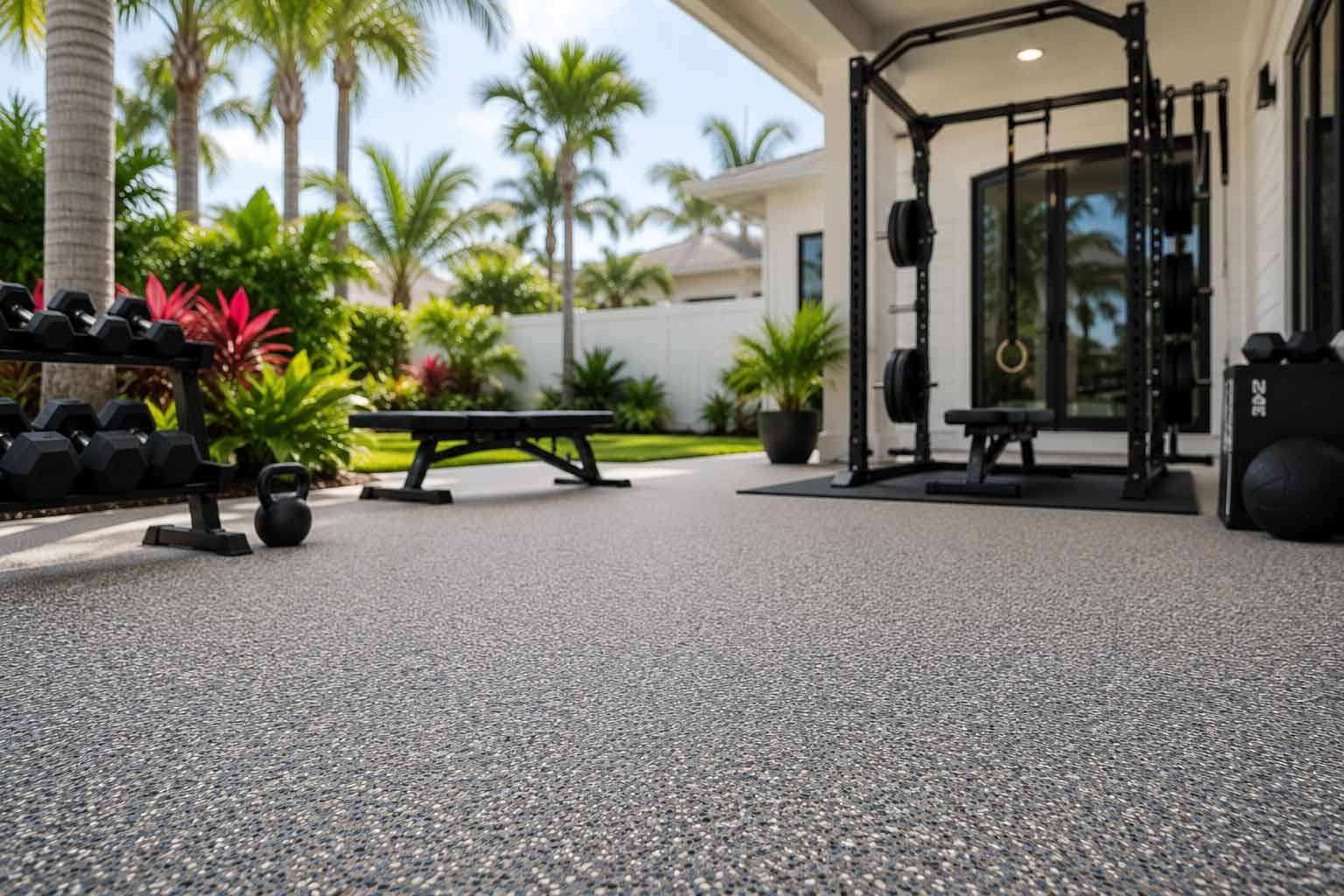 Outdoor-gym-flooring-in-Clearwater-featuring-premium-seamless-rubber-surfacing-at-a-Florida-backyard Outdoor gym flooring in Clearwater featuring premium seamless rubber surfacing at a Florida backyard