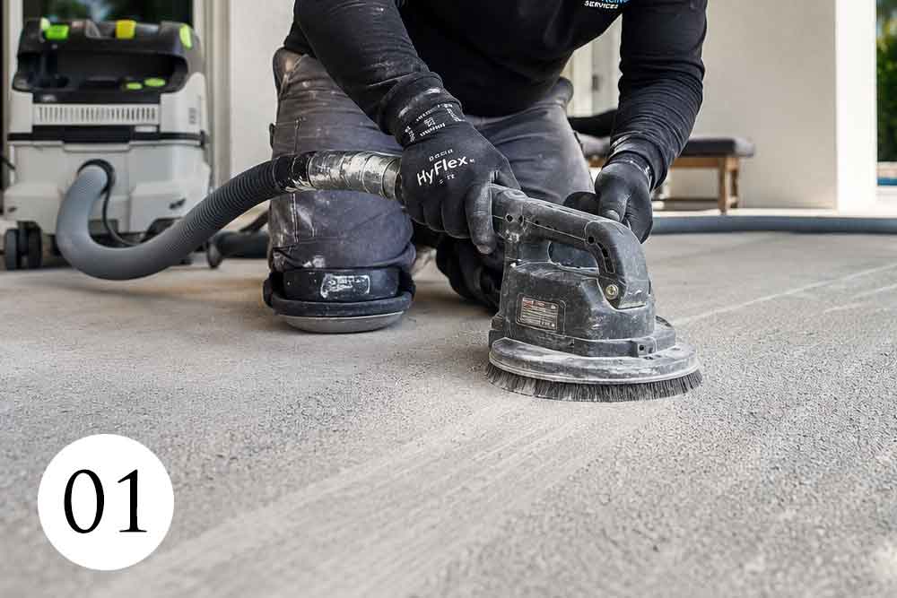 Surface-Preparation Professional concrete surface preparation before a premium Vuba Stone resin bound installation at a Florida residence
